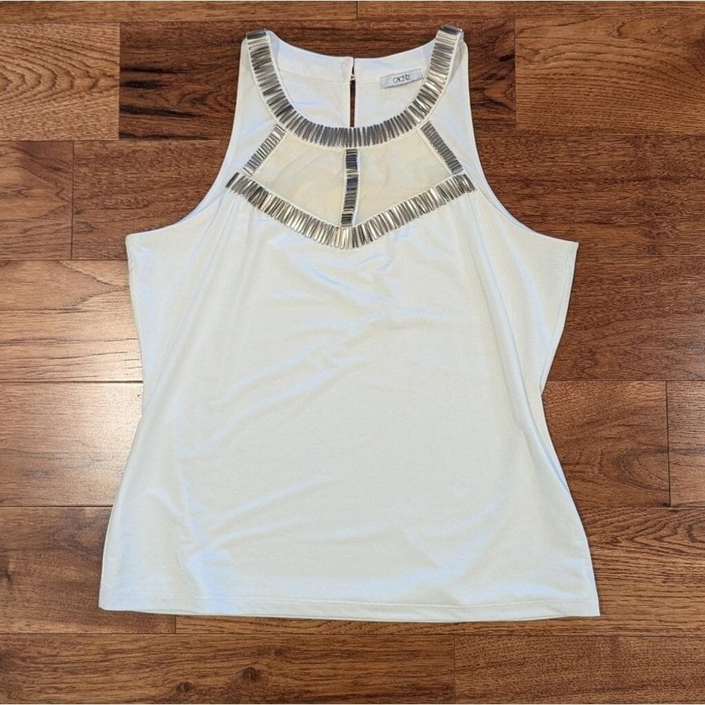Vtg Cache White Sleeveless Blouse Top Silver Beaded Mesh Neckline Blouse Bridal